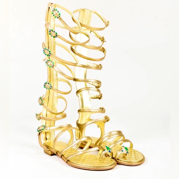Chanel Leather Knee High Gripoix Embellished ‘CC’ Logo Gold Gladiator Sandals - Picture 9 of 9